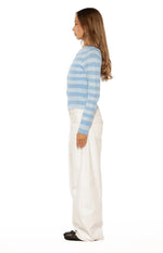 Dori Blue Boat Neck Zip Front Stripe Knit Sweater Image