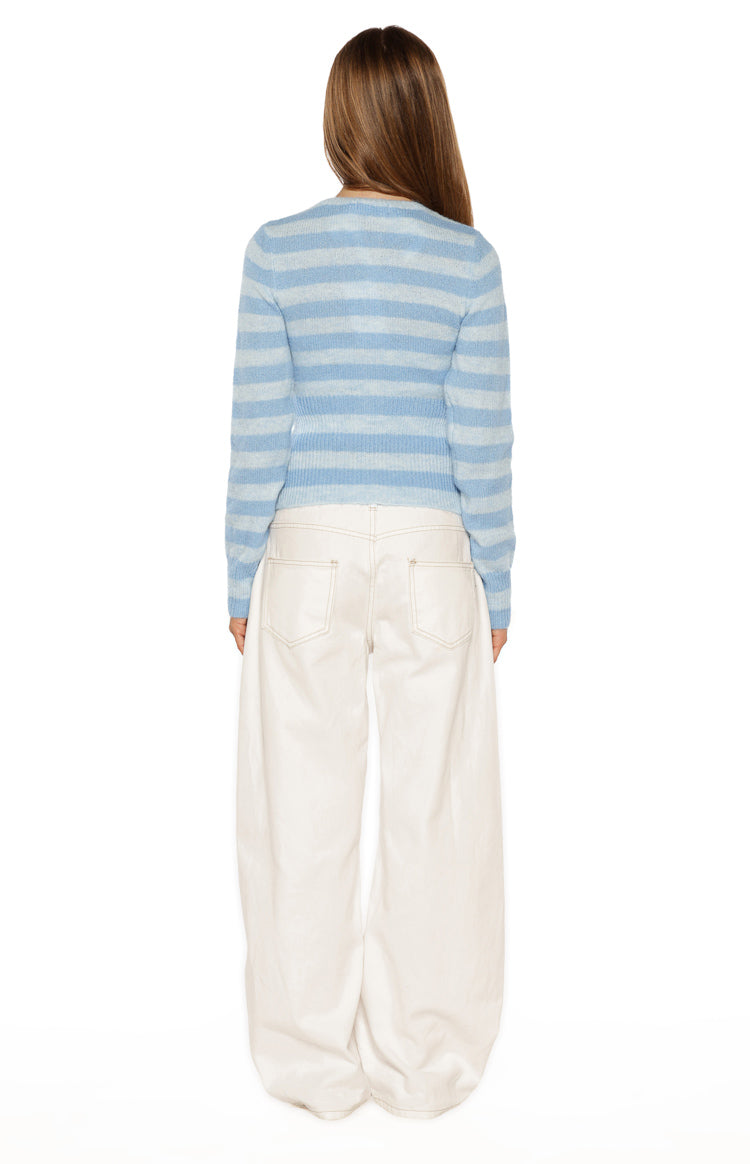 Dori Blue Boat Neck Zip Front Stripe Knit Sweater Image