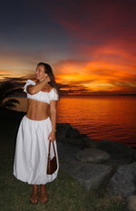 White midi skirt with a voluminous bubble hem and a gathered elasticated waist