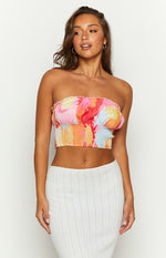 Dray Pink Sun Print Strapless Crop Top Image