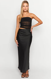 Black strapless maxi dress with sheer ruched bodice panels and a left side waist cutout