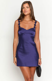 Navy satin mini dress with a sweetheart neckline and delicate floral embellished straps