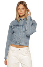 Elana Mid Wash Cinched Waist Denim Jacket Image