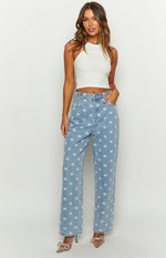 Eli Star Print Mid Wash Wide Leg Denim Jeans Image