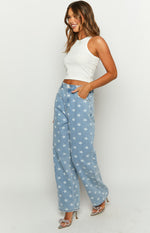 Eli Star Print Mid Wash Wide Leg Denim Jeans Image
