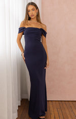 Ella Navy Off Shoulder Crepe Formal Maxi Dress Image