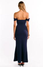 Ella Navy Off Shoulder Crepe Formal Maxi Dress Image