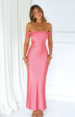 Pink satin off-shoulder formal dress with a draped neckline, fitted body, and flowing maxi skirt