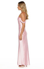 Side view of a light pink satin off-shoulder maxi dress with draped sleeves and a fitted bodice