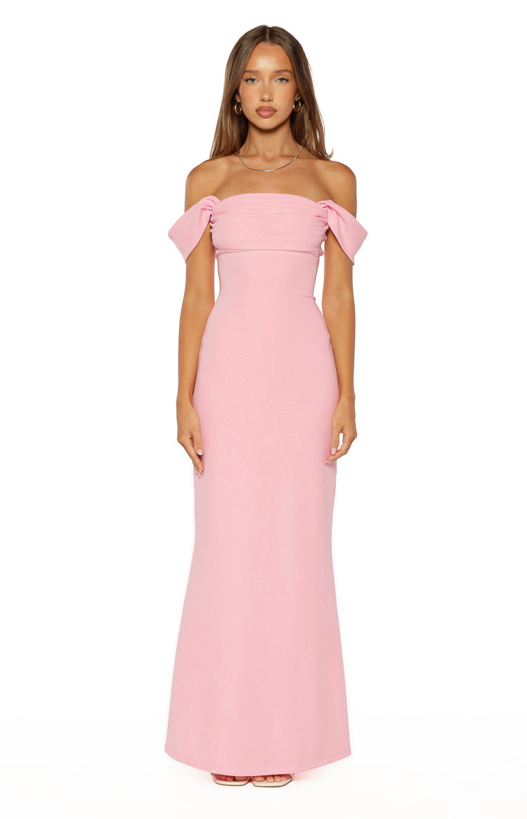 Pink off-shoulder crepe maxi dress with ruched bandeau bodice and draped short sleeves