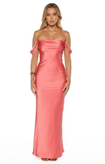 Front view of a pink off-shoulder formal maxi dress with a draped neckline and smooth satin fabric