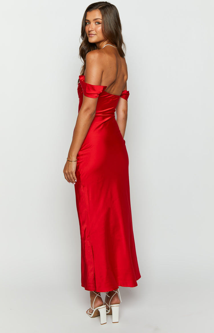 Side view of a red satin off-shoulder midi dress with a fitted silhouette and side slit