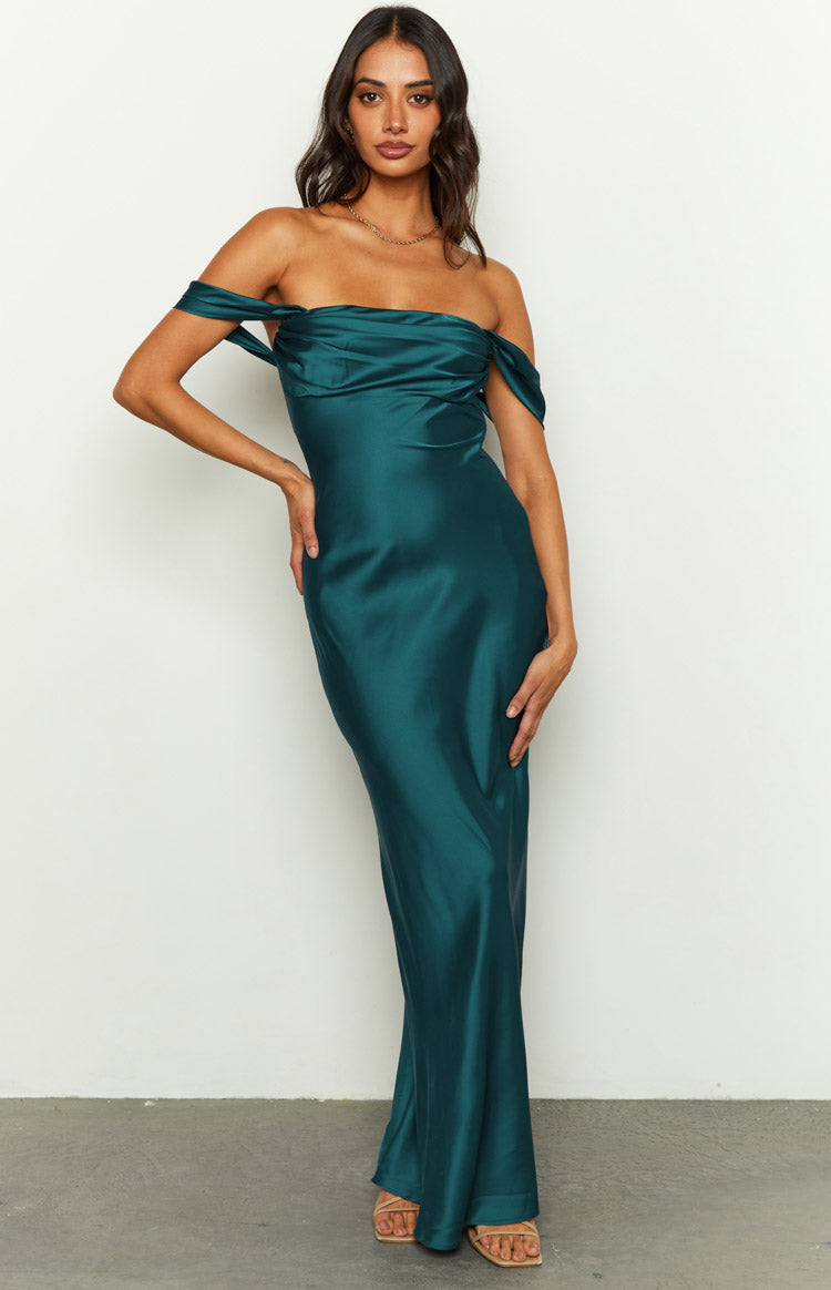 Full length view of the teal satin off-shoulder maxi dress with a draped bust