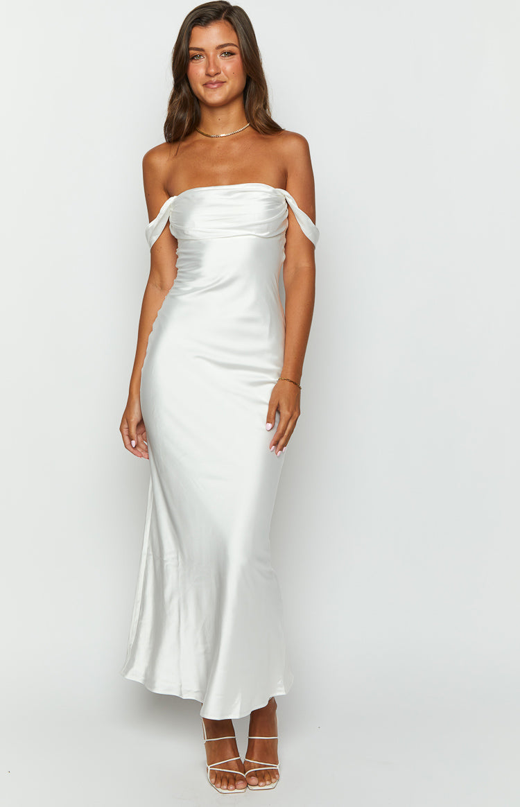 White satin off-shoulder midi dress with a softly draped neckline and fitted silhouette
