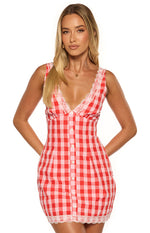 Elliana Red Gingham Lace Trim Mini Dress Image