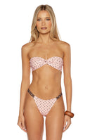 Beginning Boutique Ellis Pink Polka Dot Bikini Bottoms — pink high-cut bikini bottoms with black polka dots and thin dark side straps
