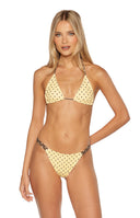 Beginning Boutique Ellis Yellow Polka Dot Bikini Bottoms — yellow bikini bottoms with black polka dots and dark brown side straps
