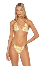 Yellow bikini bottoms with small black polka dots, a V-cut front, and thin brown side straps