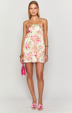 Elsa Yellow Bloom Satin Mini Dress Image
