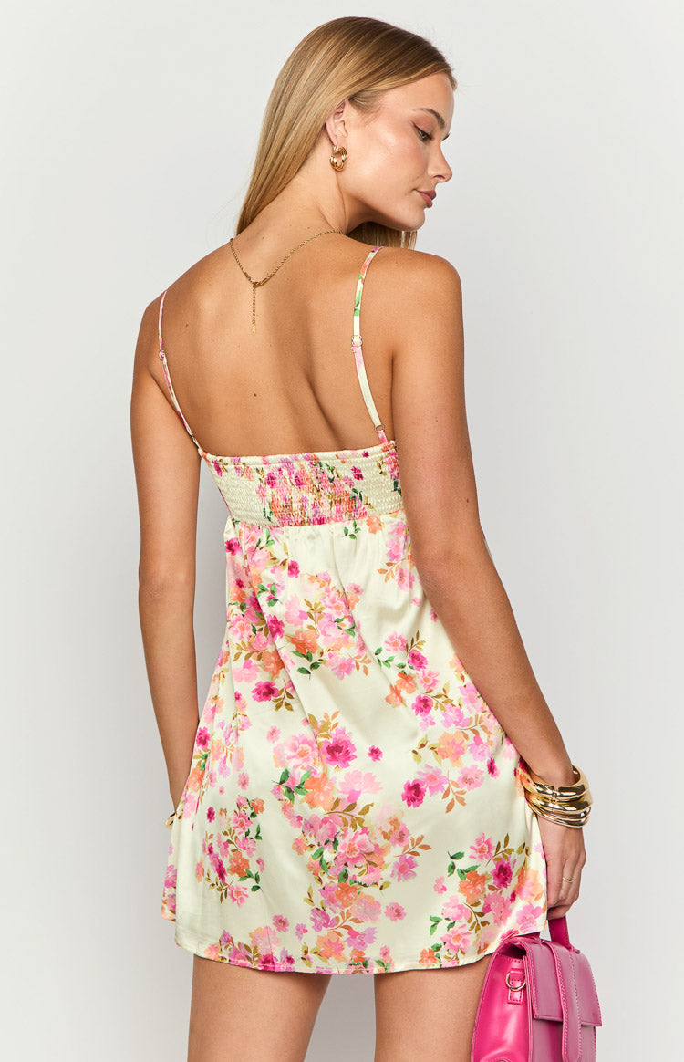 Elsa Yellow Bloom Satin Mini Dress Image