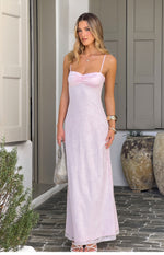 Full length pink lace maxi dress with a ruched satin sweetheart bust and thin spaghetti straps