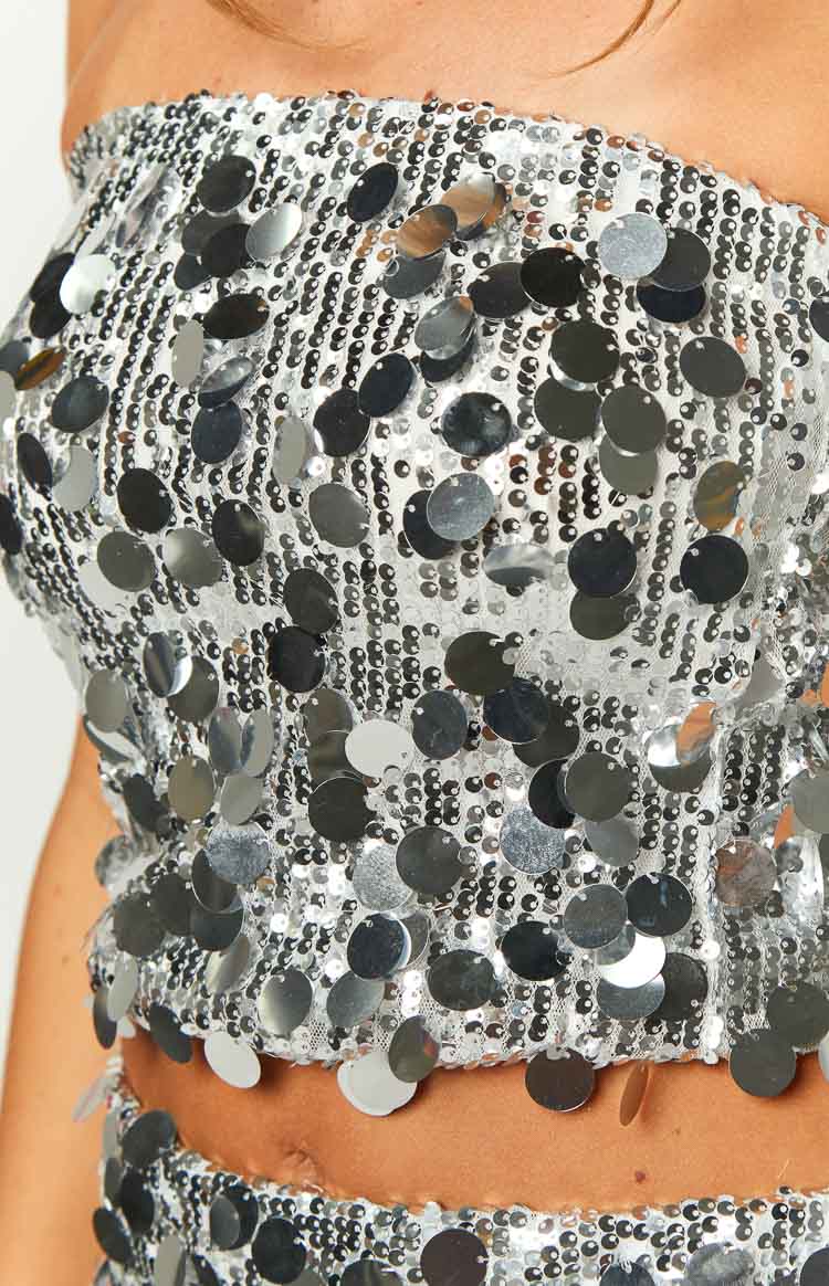 Close-up of the silver sequin fabric showing the layered small and large circular sequins