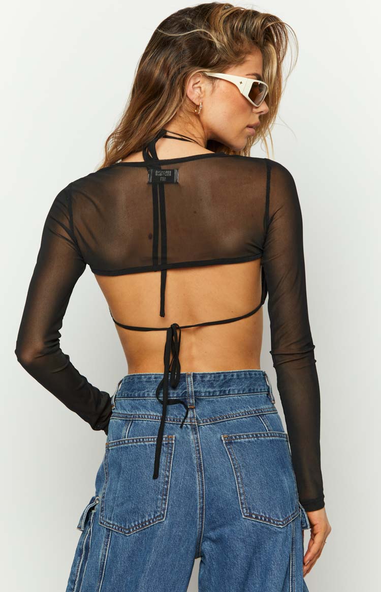 Rear view of a black sheer mesh long-sleeve crop top with an open back and tie closure at the waist