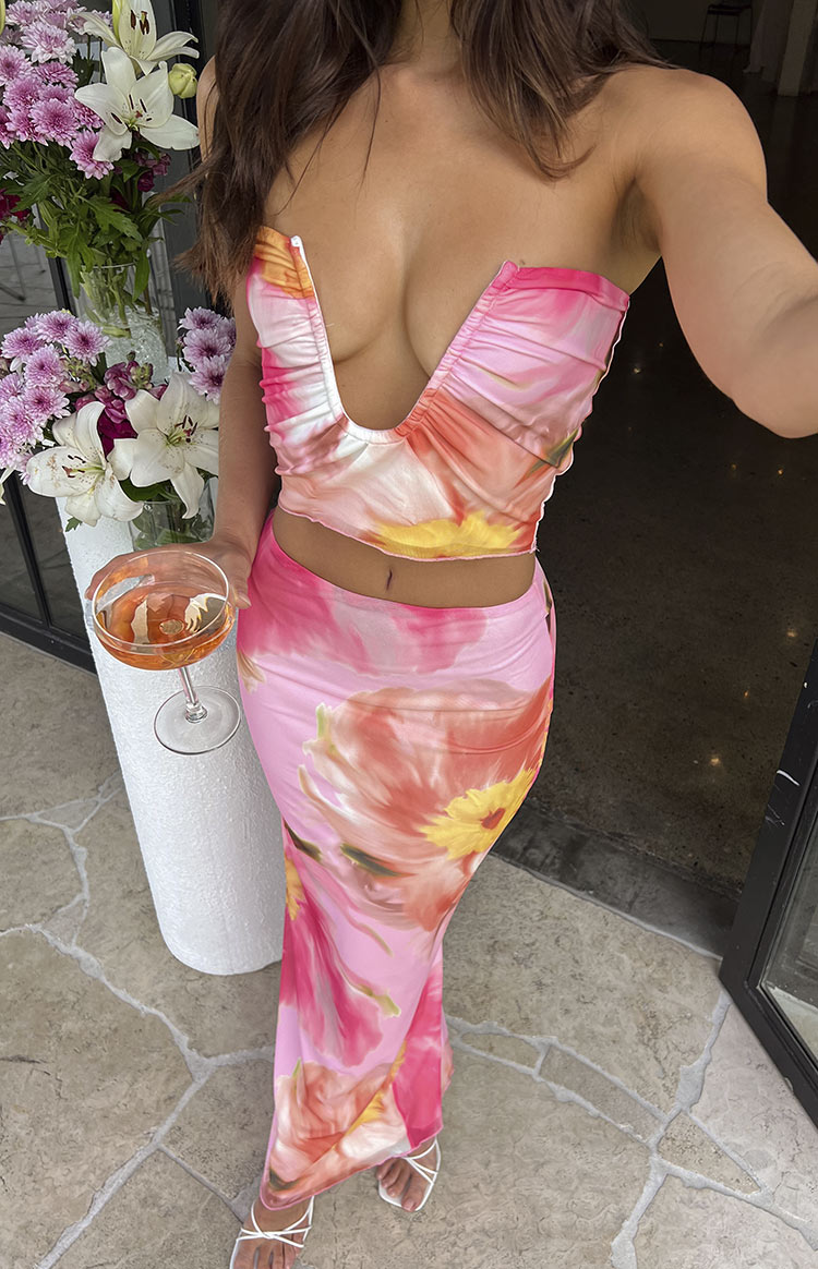 Beginning Boutique Esha Pink Floral Maxi Skirt pink floral print fitted maxi skirt