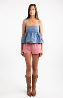 Beginning Boutique Ethel Blue Denim Top blue denim square neck top with tie shoulder straps and gathered peplum hem