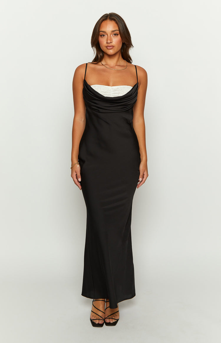 Beginning Boutique Evelyn Lace Detail Black Satin Maxi Dress black satin cowl neck maxi dress with white lace detail and thin spaghetti straps