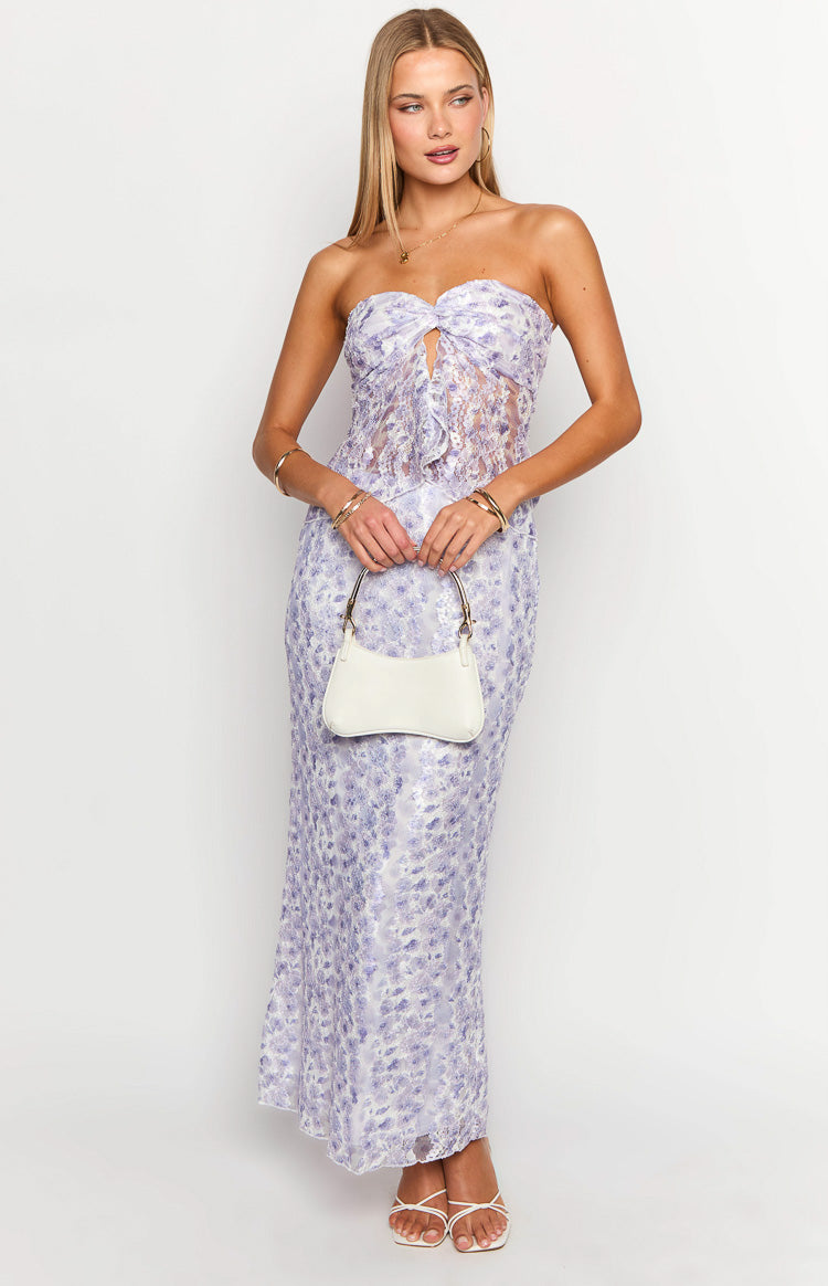 Faint purple lace strapless top with a sweetheart neckline, central cutout, and ruffled trim