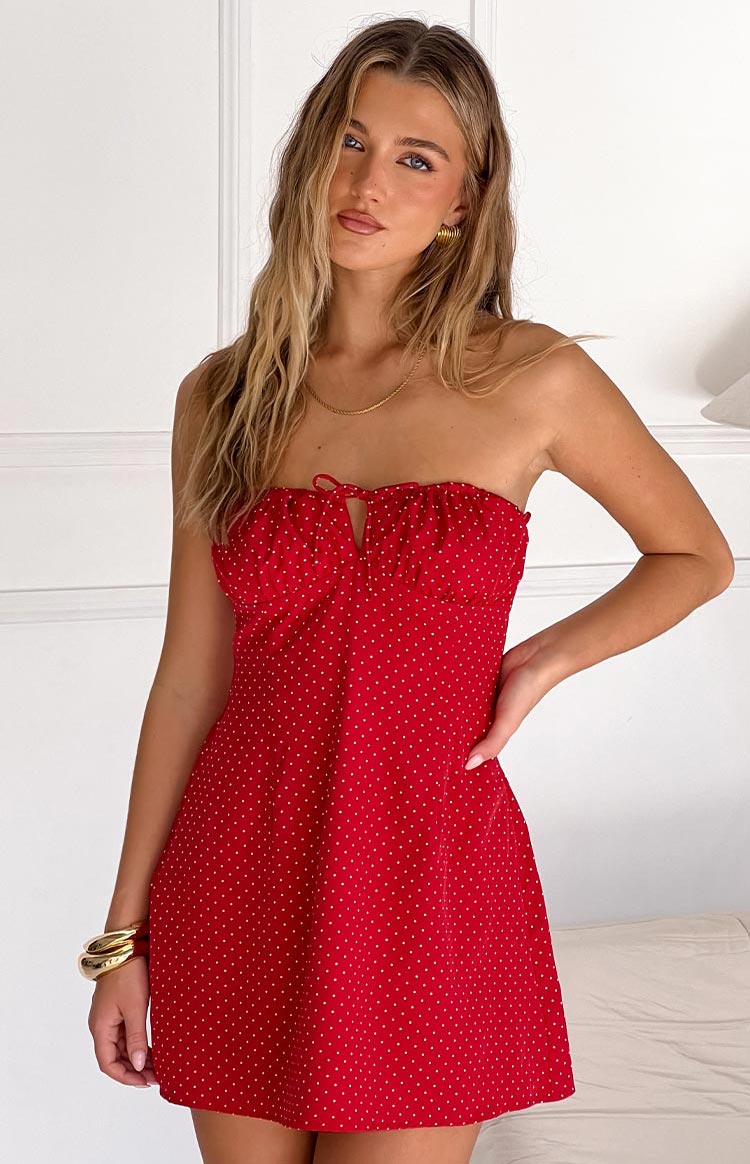 Beginning Boutique Faith Red Polka Dot Strapless Mini Dress with ruched bust tie-front keyhole and A-line fit