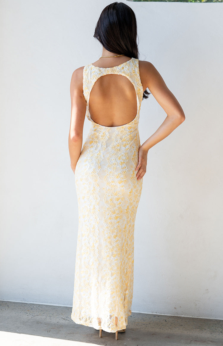 Rear view of a yellow lace maxi dress with a large circular back cutout and low scoop back
