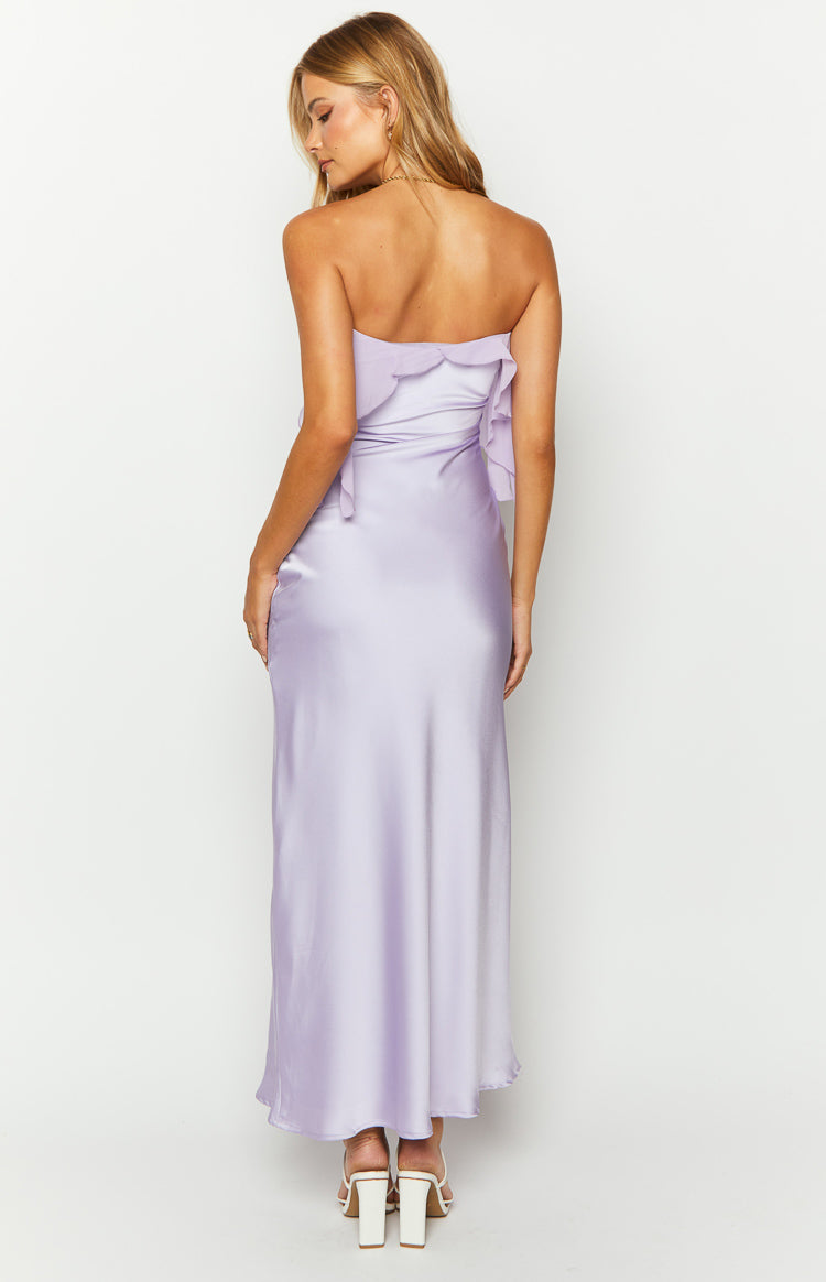 Rear view of a purple satin strapless maxi dress with ruffle detailing across the back bodice