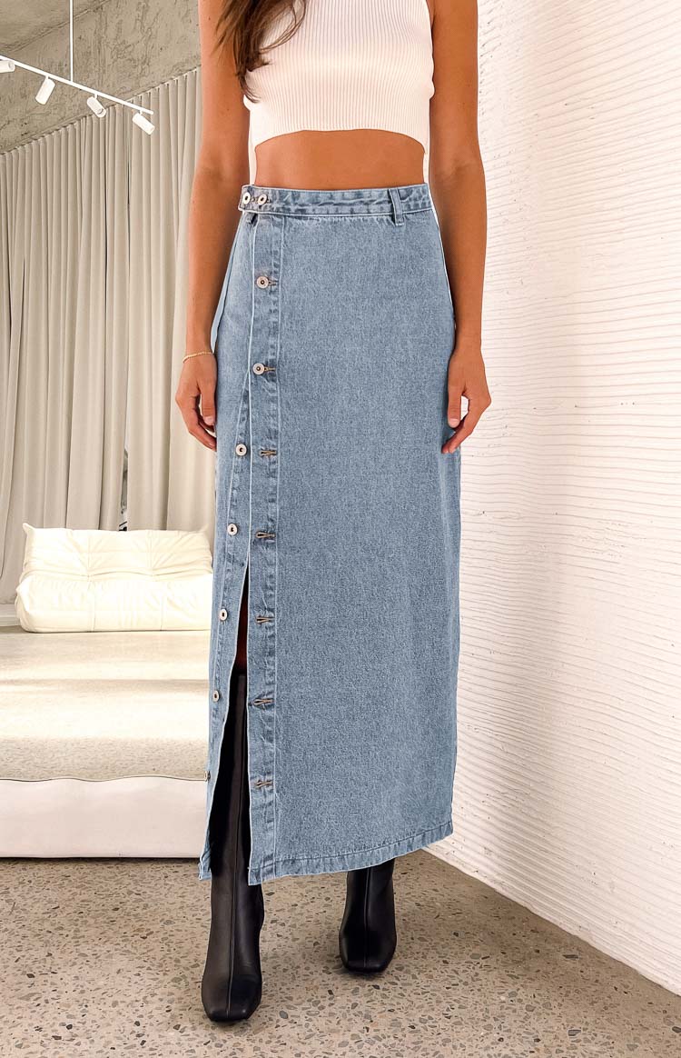 Fazio Button Side Denim Maxi Skirt Image