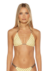 Yellow polka dot triangle bikini top with brown halter neck and back straps