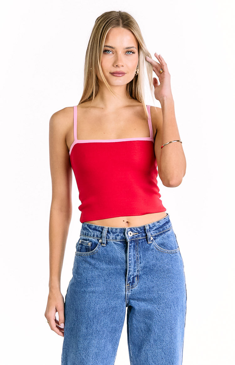 Beginning Boutique Florrie Red Pink Contrast Knit Top red ribbed knit cropped top with pink contrast square neckline and spaghetti straps