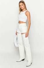 Gem Diamante Trim Wide Leg White Denim Jeans Image