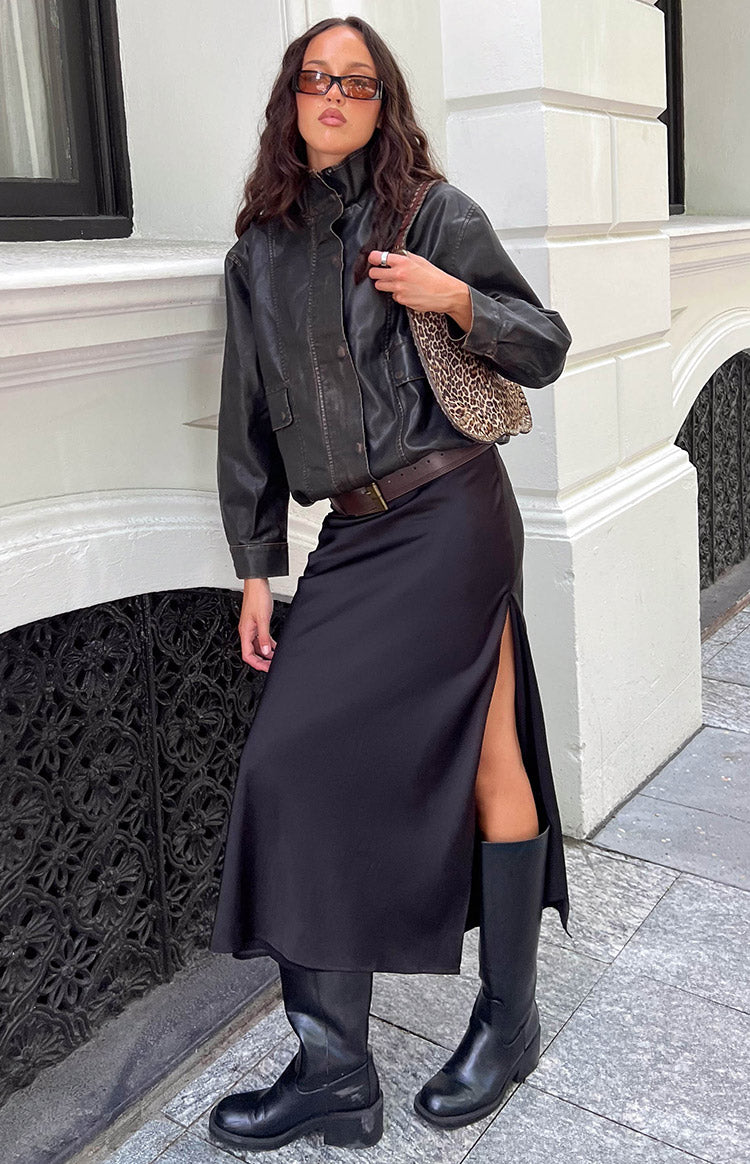 Beginning Boutique Genevieve Black Maxi Skirt black satin maxi skirt with a high side slit