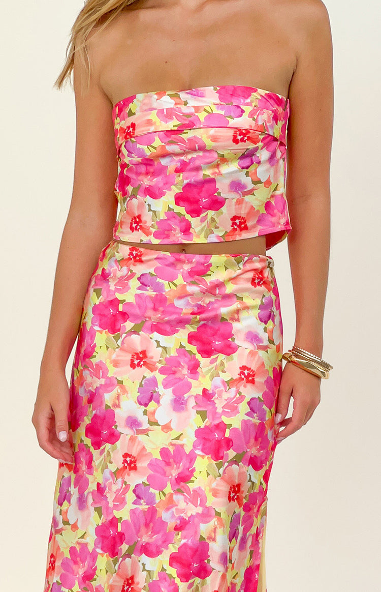 Close-up of the yellow floral pop print strapless bandeau crop top
