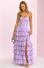 Lilac ruched sweetheart maxi dress with tiered ruffles and a high leg split