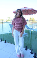 Beginning Boutique Alba Pink Stripe Oversized Tee pink and brown horizontal stripe crew neck short sleeve oversized t-shirt