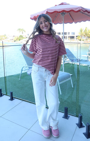 Beginning Boutique Alba Pink Stripe Oversized Tee pink and brown horizontal stripe crew neck short sleeve oversized t-shirt