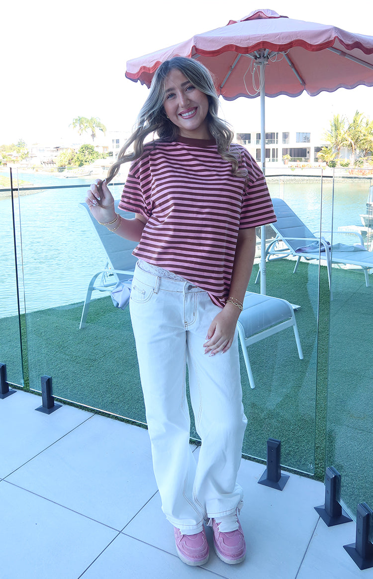 Beginning Boutique Alba Pink Stripe Oversized Tee pink and brown horizontal stripe crew neck short sleeve oversized t-shirt