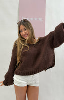 Beginning Boutique Holiday Chocolate Brown Tie Up Knit Cardigan chocolate brown chunky knit off-shoulder long sleeve relaxed