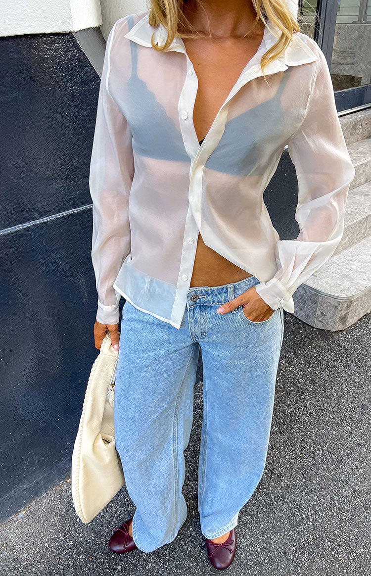 Beginning Boutique Goldie Cream Sheer Button Through Shirt cream sheer collared long sleeve shirt with button cuffs and relax