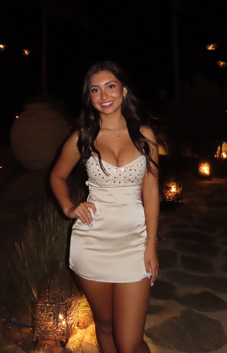 Beginning Boutique Fran Cream Sequin Contrast Party Mini Dress cream sequin contrast V-neck mini dress with spaghetti straps