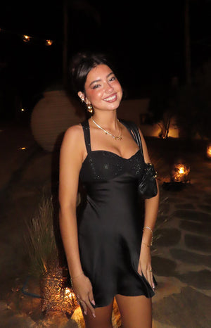 Beginning Boutique Jazzy Black Contrast Rhinestone Mini Dress black satin mini dress with rhinestone sweetheart bust and thic