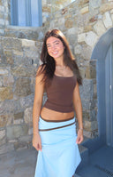 Brown scoop neck tank top with a fitted, slightly cropped silhouette