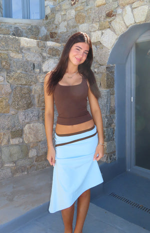 Brown scoop neck tank top with a fitted, slightly cropped silhouette